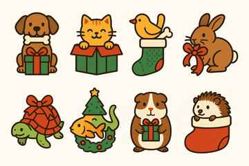 Fototapeta premium Set of Christmas Pet Gift Icons in Flat Vector Style