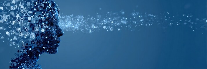 Digital Avatar Head Showcases Intelligence Icons on the Left Side Against a Gradient Blue Background Presenting a Futuristic Theme