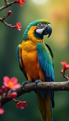 Obraz premium A dazzling parrot rests on a flowering tree branch; out-of-focus backdrop , branch, wings