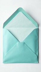 Aged light blue DL envelope, front view, closed, white background, stationery, craft, detail