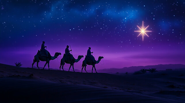 Three wise men riding camels across a desert with the Star of Bethlehem brightly illuminating their path against dramatic deep blue and purple night sky background copy space inspiring Christmas card