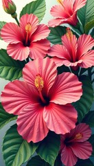 Bold hibiscus blooms, vibrant tropical design, illustration, bold