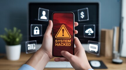 Hands holding phone with system hacked alert and digital icons warning