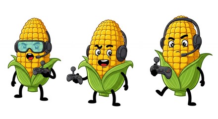 Cartoon corn characters playing video games