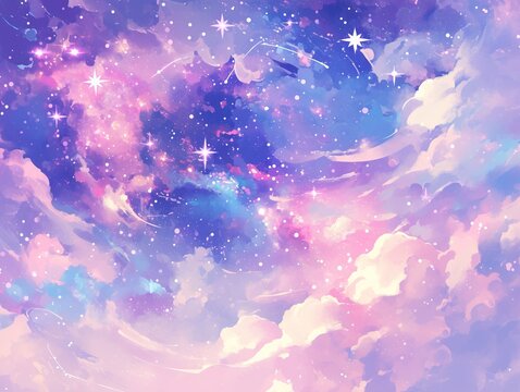 Dreamy Watercolor Sky with Pastel Clouds and Stardust, Ethereal Celestial Background in Pink-Purple-Blue
