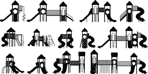 Playground Structure Icon Set — Fifteen Unique Vector Designs with Slides, Towers, Bridges, and Climbing Elements for Park and UI Use