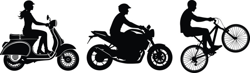 Fototapeta premium Vector Silhouette Set of Three Riders — Scooter, Motorcycle, and Bicycle CAD Style Icons Highlighting Motion, Pose Variation, and Vehicle Type