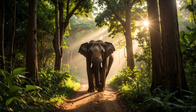Majestic elephant in a sunlit forest path