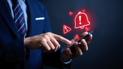 Alerts and Notifications on Smartphone Device Held by Businessman Emphasizing Security Risks and Urgent Reminders with Digital Visualizations