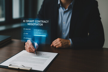 Smart Contract Negotiations: A corporate executive, attired in formal business wear, meticulously signs a contract with a futuristic AI overlay, symbolizing the convergence of technology and business.
