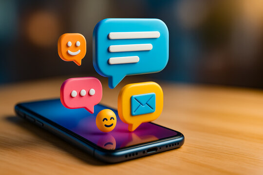 Communication Blossoms: Digital speech bubbles erupt from a smartphone screen, each conveying a unique emotion, inviting engagement and the dynamic exchange of ideas in the modern world.