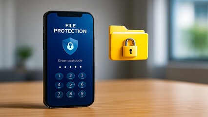 Secure File Protection on Mobile: A smartphone displays a file protection interface with a digital lock icon, symbolizing data security and privacy, and an associated folder with a padlock. 