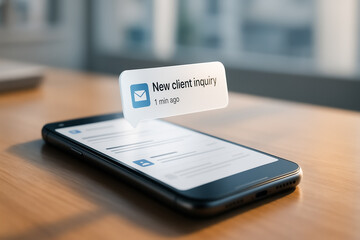 Client Inquiry Notification: Close-up of a smartphone displaying a New Client Inquiry message, highlighting the instantaneous nature of digital communication.