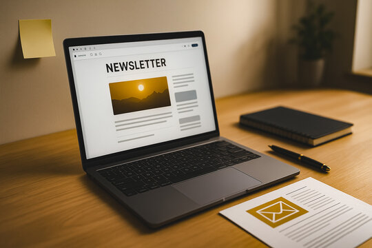 Digital Newsletter on Desk: An open laptop displaying a digital newsletter with an image of a serene sunset sits on a wooden desk, alongside a notebook, pen, and documents. - Powered by Adobe