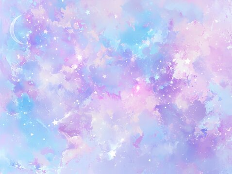 Dreamy Watercolor Sky with Pastel Clouds and Stardust, Ethereal Celestial Background in Pink-Purple-Blue
