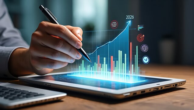 Analyzing Business Growth with Tablet Technology and Financial Charts Predicting Future Success in 2026