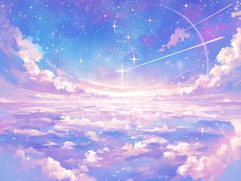 Dreamy Watercolor Sky with Pastel Clouds and Stardust, Ethereal Celestial Background in Pink-Purple-Blue
