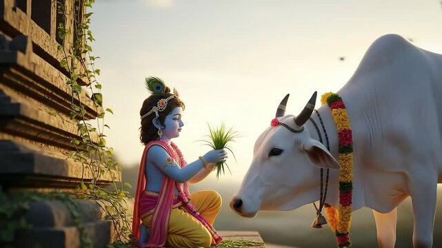 A divine portrayal of young Lord Krishna tenderly offering grass to a sacred white cow by an ancient temple.