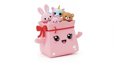 Naklejka premium Pink gift bag filled with cute stuffed animals