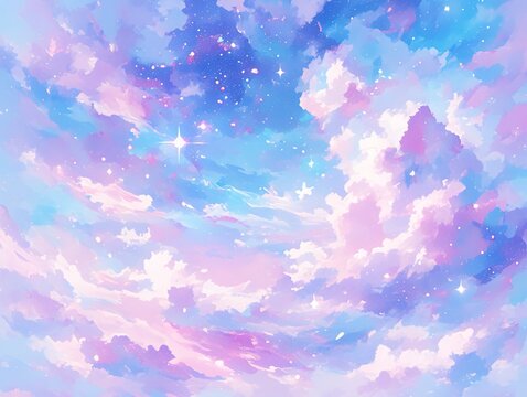 Dreamy Watercolor Sky with Pastel Clouds and Stardust, Ethereal Celestial Background in Pink-Purple-Blue
