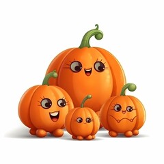Obraz premium A cheerful pumpkin family, ready for Halloween. The pumpkins have friendly faces and adorable expressions