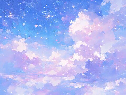 Dreamy Watercolor Sky with Pastel Clouds and Stardust, Ethereal Celestial Background in Pink-Purple-Blue
