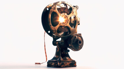 Obraz premium Vintage cinema projector with intricate gears and glowing light source, showcasing blend of nostalgia and craftsmanship. This artistic piece captures essence of classic filmmaking