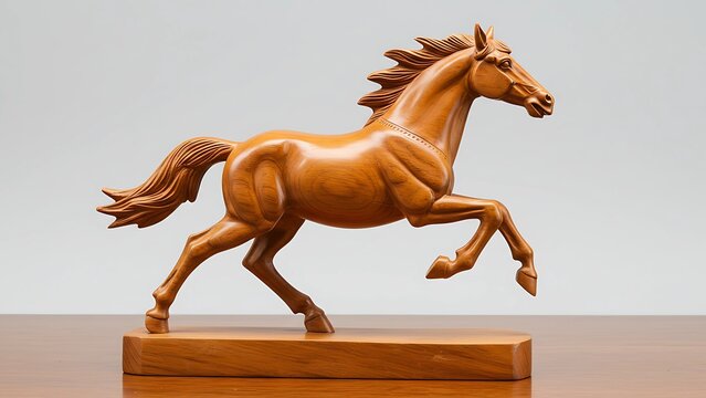 A finely carved wooden sculpture of a galloping horse, a beautiful handcrafted statuette showcasing detailed woodcraft and dynamic motion.