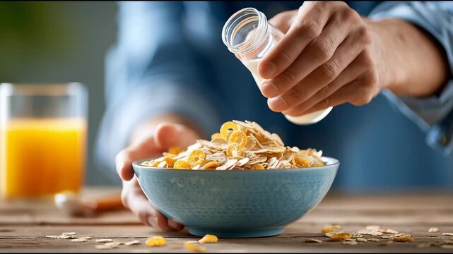 Cereal milk breakfast healthy nutrition oat cornflake bowl hand pouring fresh morning meal with orange juice wooden table closeup wholesome dairy delicious energy start food lifestyle vitamin