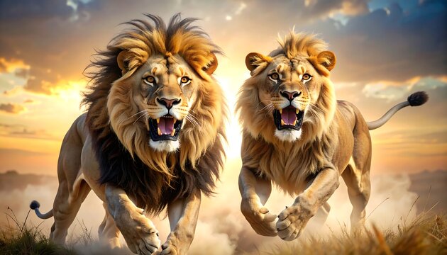 Majestic lions running at sunrise