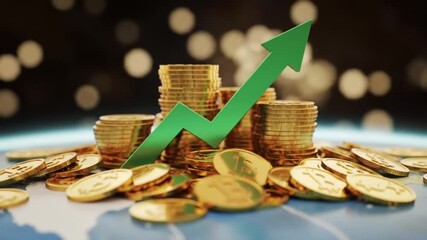 Dynamic green arrow shows rising gold coin stacks symbolizing financial growth and success - Powered by Adobe