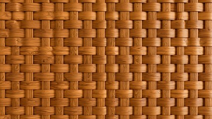 A close-up view of a natural brown woven wicker texture. The handcrafted rattan basket weave creates an intricate pattern, ideal for a background.