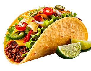 Delicious taco with beef, cheese, lettuce, jalapenos, lime and other colorful toppings serve png