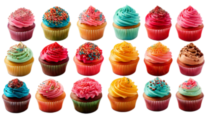 Delight in a colorful collection of assorted cupcakes, each with vibrant frosting and sprink png