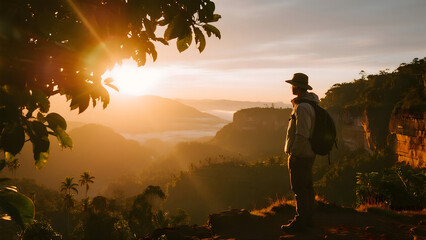 A solo traveler stands on a mountain viewpoint, watching the golden sunrise over a vast, misty valley. Concept of adventure and exploration.