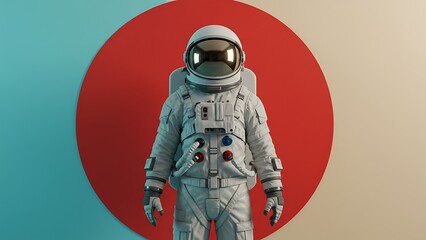Futuristic astronaut in a white spacesuit standing against a minimalist graphic background with a large red circle. 3D digital illustration.