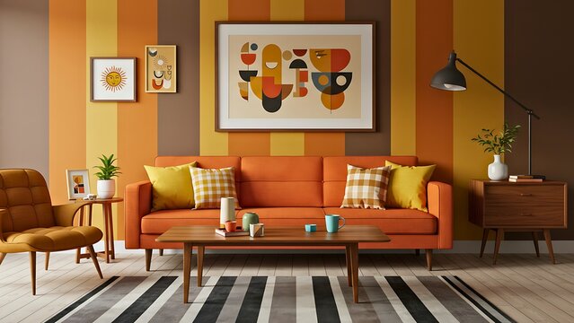 Cozy living room with retro 1970s aesthetic, featuring an orange sofa, striped wall, and mid-century modern furniture.