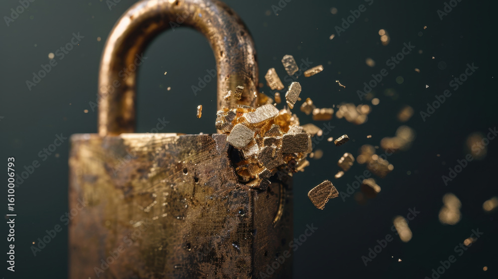 Poster padlock exploding into fragments, symbolizing security and vulnerability, with golden pieces scatter