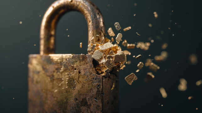 Padlock exploding into fragments, symbolizing security and vulnerability, with golden pieces scattering around, creating dynamic visual effect