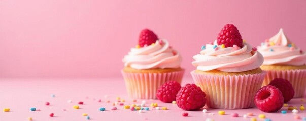 Delicate pastel cupcakes, vibrant raspberry, colorful sprinkles, pink backdrop, miniature, dessertphotography