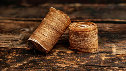 Neatly rolled pair of boxing hand wraps resting on rustic wooden surface, showcasing their texture and color. These wraps are essential for training and provide support during workouts