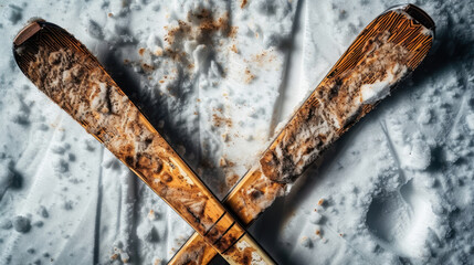 Crossed ski poles resting on snowy surface, showcasing winter sports theme with touch of adventure and excitement. snow adds serene backdrop to equipment
