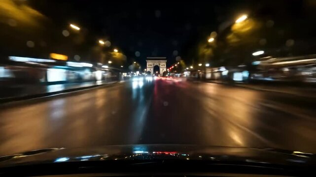First-person view of driving fast on a wet Parisian street at night, with light trails and motion blur creating a sense of speed.