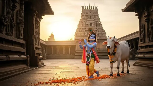 The divine young Lord Krishna playing his flute with a sacred cow at a majestic Hindu temple during a golden sunrise.