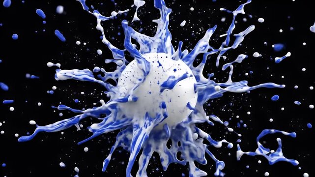 Dynamic White Sphere Splashing Blue Liquid on Black	
