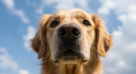Obraz premium Close-up of a Golden Retriever Dog's Nose and Face with Blue Sky Background.