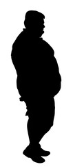 Fat man worry about health vector silhouette illustration isolated. Overweight person walking trouble. Big boy shape shadow. Sweaty fat boy walk difficult. Giant man. Large male hard move.