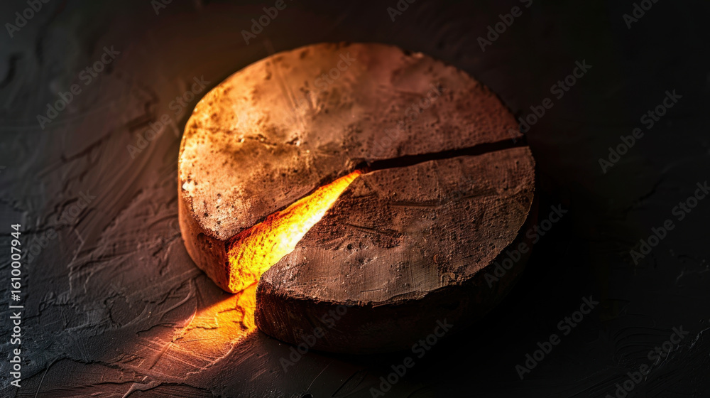 Poster circular pie chart with glowing segment, symbolizing market share, is displayed against dark texture