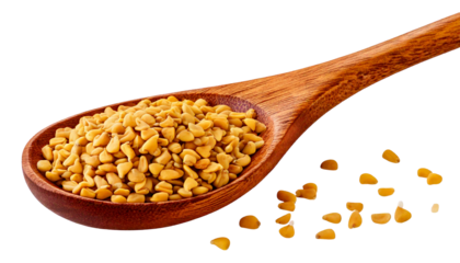 Fenugreek full image of wooden spoon isolated on white background as transparent. PNG. 