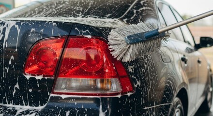 Washing a Black Car Close-up of Tail Light, Brush, and Soapy Water